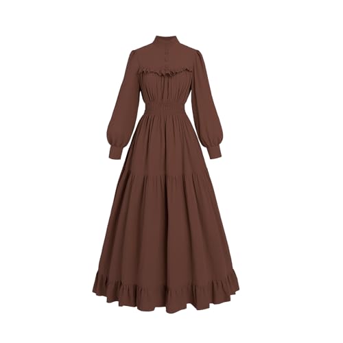 Fiamll Viktorianisches Kleid Renaissance Maxikleid Ballkleid Langarm Mittelalter Kleidung Damen Vintage Edwardianisches Kleid Abendkleid Elegant Freizeitkleider Hellbraun S