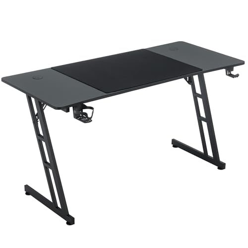 XMTECH 160 x 60cm Gaming Tisch, Z-Frame Gaming Schreibtisch, Computertisch mit Kohlefaseroberfläche, Ergonomischer PC Tisch mit Kopfhörerhaken und Getränkehalter, Schwarz