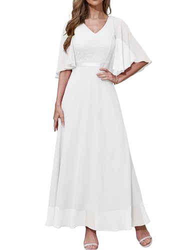 DRESSTELLS Abendkleid Damen Hochzeit Festlich Chiffon Spitzenkleid Cape Ärmel Brautkleid Weiß Bodenlang V-Ausschnitt Elegantes Lang Partykleid White XL
