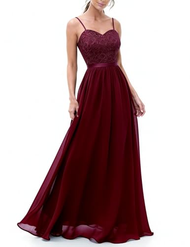 DRESSTELLS Abendkleider Damen Lang Festlich Kleider für Hochzeit Ballkleid Bodenlang Brautkleid Elegant Sommerkleider mit Träger Hochzeitsgastkleider Burgundy S