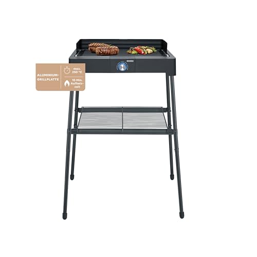 SEVERIN Standgrill mit Aluminium-Grillplatte und Standuntergestell mit Ablagerost, Elektrogrill mit schnellem Grill-Start, Balkon Grill ohne Verbrennungsgefahr, Schwarz, PG 8568