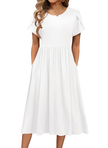 Hotouch Damen Kleider Kurzarm Sommerkleid Rundhals Strandkleid Elegant Hohe Taille Kleid Sommer Swing Business Tunikakleid Weiß S