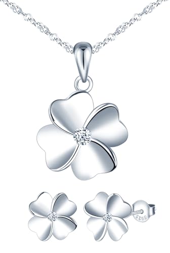 MICMIF 925 Sterling Silber Schmuckset für Damen Vierblättriges Kleeblatt Ohrringe und Halskette für Frauen Mädchen, Ohrstecker Kleeblatt und Kette Anhänger Kleeblatt Set mit Zirkonia