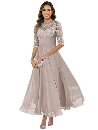 HUINI Damen Brautmutterkleid Chiffon Lang - Spitzen Formales Abendkleid Kleider Halbärmel A-Linie Festliche Für Hochzeit Taupe 38