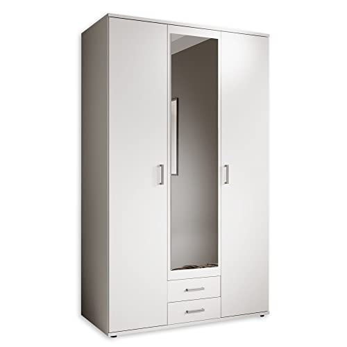 Stella Trading KARL Kleiderschrank 3-türig, Weiß mit Spiegel, 120×195×55 cm