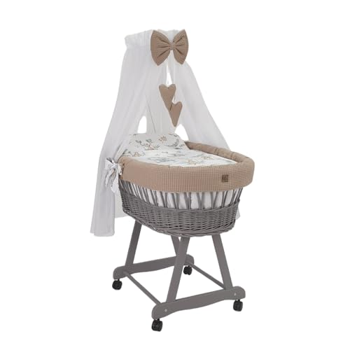 WIKLINOPOL Stubenwagen Lena aus Weide – Babywiege mit Rollen, Matratze, Baldachin & Bettwäsche aus Waffelstoff mit Gänse, handgefertigt, grau Moseskorb