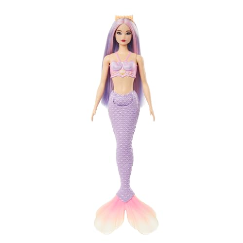 Barbie Meerjungfrau-Puppe mit fantasievollem Haar in Pink und Flieder mit Haarband, Puppe mit Muscheloberteil und lavendelblauer Schwanzflosse, HRR06