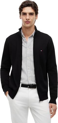 Tommy Hilfiger Herren Pullover mit Reißverschluss Essential Cotton Zip Thru Stehkragen, Schwarz (Black), XL