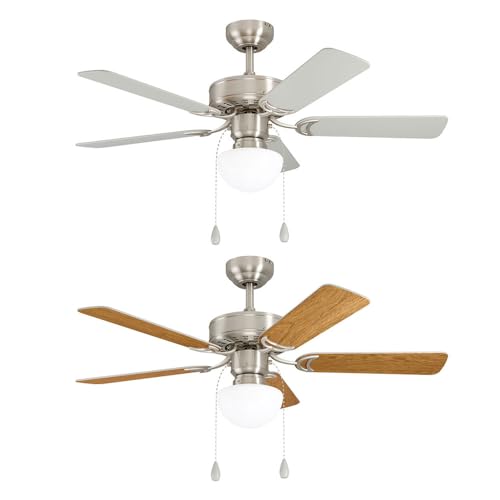 EGLO Deckenventilator CADIZ, 5 Flügel Ventilator mit Licht, Zugkette, Wendeflügel aus MDF in Silber oder Eiche, Gehäuse aus Stahl in Nickel-Matt, Sommer Winter Betrieb, AC Motor, Ø 106,6cm