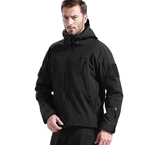 FREE SOLDIER Herren Winterjacke Military Softshell Jacken Outdoor Fleecefutter Winddichte Wasserdichte Jacke mit Kapuze Warme Taktische Jacken mit Mehreren Taschen für Jagdausflüge (Schwarz,2XL)