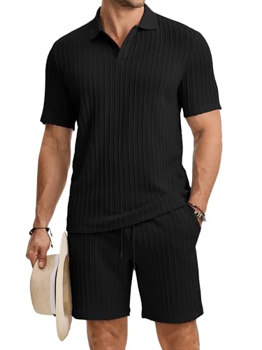 JMIERR Herren Jogginganzug Set Sommer 2 Teiliges Poloshirts Kurzarm Einfarbig Strick mit Kurze Hose Herren mit Elastischer Taille Baggy Freizeitanzug Schwarz L