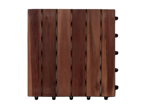 Woodtex Terrassenfliesen 30x30x2,4cm|klickfliesen Balkonfliesen aus Akazien|Akazienholz 6 Latten Bodenbelag für Balkon & Terrasse - Wetterfest mit PVC Träger|dunkel geölt
