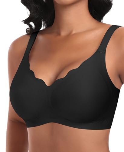 Ganado Damen Nahtloser BH Ohne Bügel Tiefem V-Ausschnitt gewellte Ränder Push Up BH Bralette Soft Bequem BHS Bügellos Bustier (Schwarz-Vordere Welle, XL)