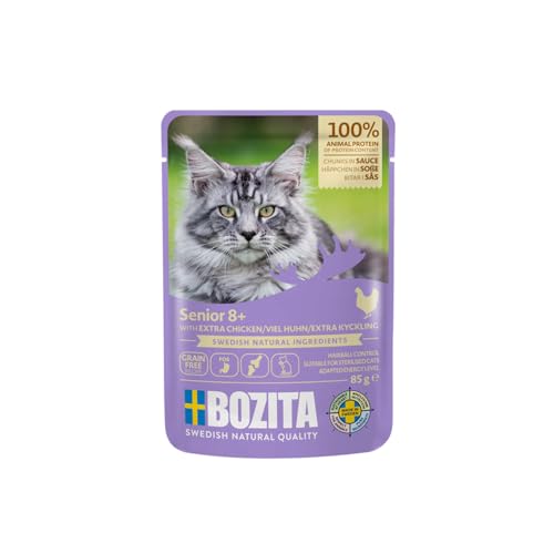 Bozita Nassfutter Senior 8+ Häppchen in Sauce mit viel Huhn - 12x85g Portionsbeutel getreidefreies & weizenfreies Futter für Katzen - Katzen Nassfutter mit 8,5% Protein & 4,5% Fettgehalt