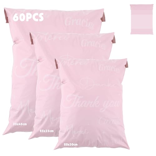 60 Stück Versandtaschen Rosa, 3 Größen Versandbeutel Versandtüten für Kleidung Packung Dokumente Wasserdichter Verpackungsbeutel mit Selbstklebeverschluss