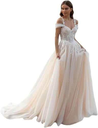 IUYRESX Hochzeitskleid Damen Damen Tüll Brautkleider Lang Elegant Hochzeitskleider Prinzessin Glitzer Mit Spitze V-Ausschnitt Trauung Kleid Ärmellos Elfenbein 48