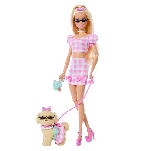 Barbie Twinning Looks Puppe mit Hund, pinkfarbene Karo-Outfits