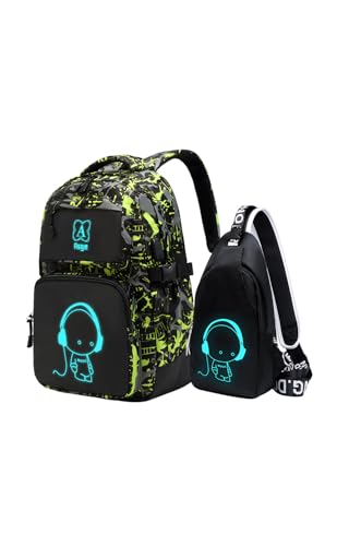Asge Rucksack Jungen Schulrucksack Teenager Jugendliche Coole Schule Daypacks Kinder Reflektierender Schultasche Outdoor Camping Groß Schulranzen Wasserdicht Ranzen Schultertaschen set