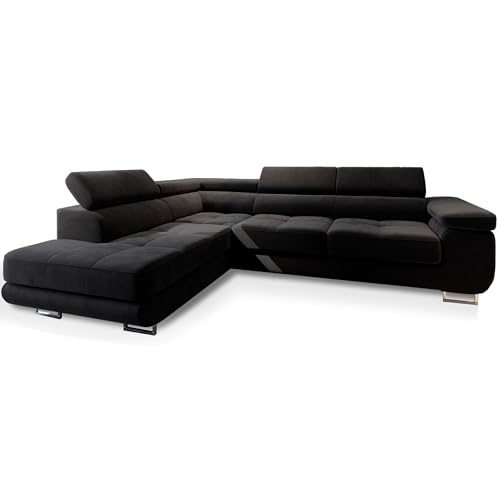 Masseno Ecksofa Selva L-S mit Schlaffunktion L-Form, Glamour Sofa mit Bettkasten, Wohnzimmersofa, Couch, Soffa, Bettsofa, Couchgarnitur - Schwarz, Monolith 95
