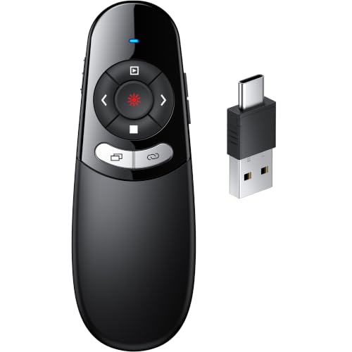 USB C Presenter, Kabellose 2.4 GHz Powerpoint Fernbedienung, Pointer für Präsentationen via Typ C und USB Empfänger, Rot Präsentationsfernbedienung für Windows 7/8/10/Mac/Linux/Android/PowerPoint
