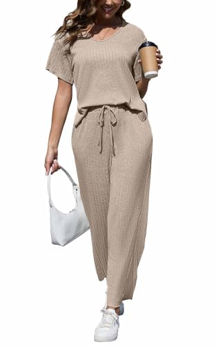 CheChury Zweiteiler Damen Freizeit Set Summer Lange Loungewear Set Einfarbig Oversize Lounge Set V-Ausschnitt Schlafanzug Rippen Kurzarm Pyjama Streatwear Hausanzug Sets Freizeithose Outfit,Beige,XXL