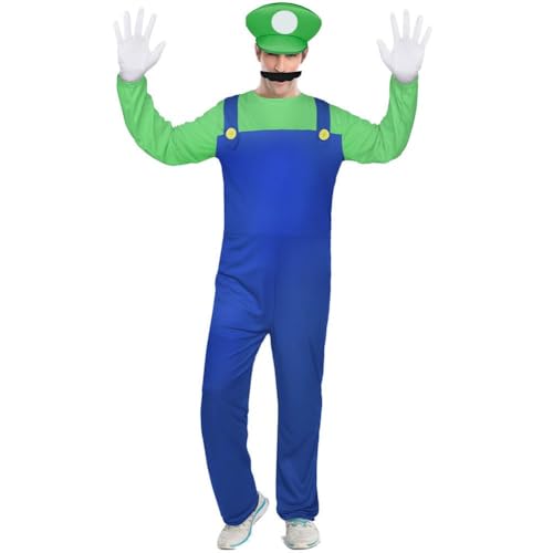 BSBUY Cosplay Kostüm Set, 4 Pcs Cosplay mit Mütze Hose Bart Handschuhe, Super-Brüder Kostüm Set Männer Damen, Erwachsene Outfit Kostüm für Weihnachten Karneval Faschingskostüme (Grün,L)