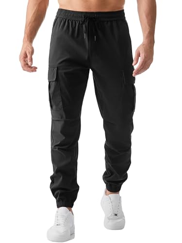 JMIERR Cargohose Herren Lang Jogger Sporthose Elastischer Taille mit Kordelzug Sweatpants Herren mit Taschen,Schwarz L