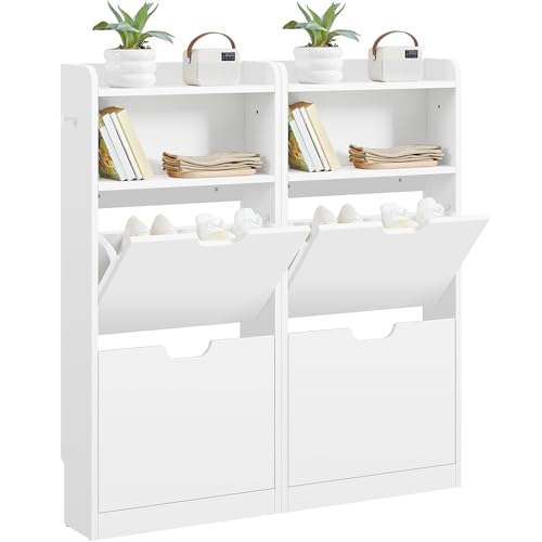 Yaheetech Schuhablage mit 4 Flip-Schubladen, Schuhkipper Schuhregal Offenes Fach, Erhöhter Rand, Haken, Hängender Schuhschrank Schmal 108 cm H, Weiß