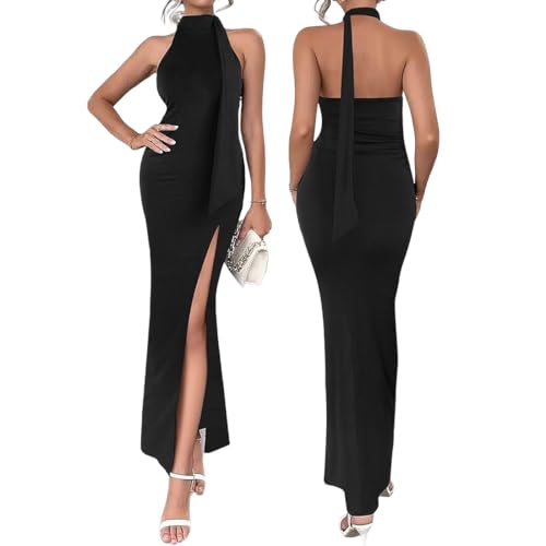 Gkaopi Damen Abendkleid Sexy Ärmelloses Neckholder Maxikleid Elegant Rückfrei Ballkleider mit Schlitz Bodycon Eng Sommerkleid Festliche Lang Hochzeit Partykleid Cocktailkleid