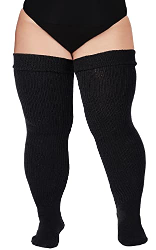 Moon Wood Plus Size Overknees Strümpfe Damen Extra Lange Überknie Kniestrümpfe Damen Thigh High Socks Soft Warme Stulpen mit Garter Große Größe Schwarz