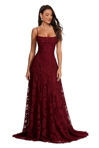 JAEDEN Damen Floral Spaghettiträger Abendkleider Lang Formelle Brautjungfernkleider A Linie Ballkleider Rückenfrei Burgund 32
