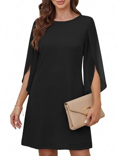 Cicy Bell Damen Rundhals Cocktailkleid Elegant Kleid Mesh 3/4 Arm Partykleid Einfarbig Freizeitkleid Knilang Sommerkleid Schwarz M