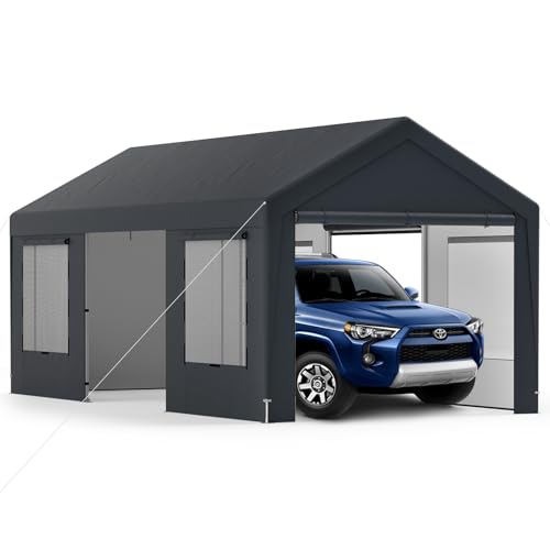 SOARS Zeltgarage, Garagenzelt 300 x 595 x 280, Lagerzelt Carport mit 8 abnehmbaren Seitenwänden, Metallrahmen, PE-Fensterverkleidungen, Rolltüren, Garage Unterstand inkl. Erdnägeln & Seilen