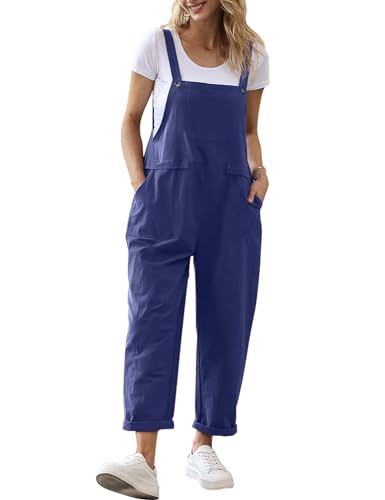 YESNO Damen Latzhose Sommer Oversize Trägerhose Beiläufig Loose Bib Pants Overall Baggy Jumpsuit Strampler Sommerhose mit Träger (XL PV9DE PV9 Navy Blau)