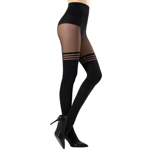 MANZI Overknee Strumpfhosen Damen Schwarz Blickdichte mit Overknee Optik Overknees Strümpfe Gestreift Gemustert Strumpfhosen 1 Paar
