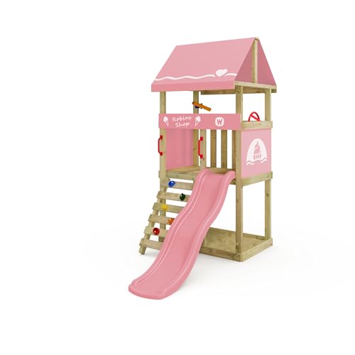 Wickey Spielturm DinkyHouse ohne Schaukelanbau - pastellpinke Rutsche & Plane - Kinder Kletterturm für den Garten aus Massivholz - 219x114x247 cm
