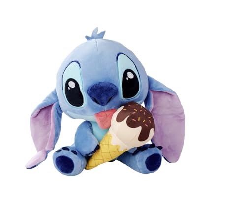 Simba Disney Stitch Kuscheltier mit Eiscreme – Plüschfigur zum Knuddeln, mit Waffel in der Hand, Sommerfeeling mit herausgestreckter Zunge, weicher Kuschelfreund, blau, 25 cm, ab 0 Jahren