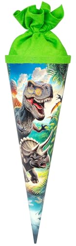 goldbuch 93 157 Geschwistertüte Vulkan, Schultüte mit Dinosaurier-Motiv, Lackkarton, Geschenkverpackung mit grünem Filzverschluss (ohne Verschlussband), Zuckertüte rund, Länge 35 cm, Ø 11,5 cm, Bunt