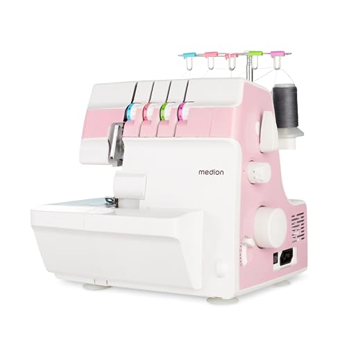 MEDION Overlock Nähmaschine SO90 (elektrisch, 90 Watt, LED Licht, mit einem Arbeitsgang schneiden, umfangreiches Zubehör, MD19169) rosa