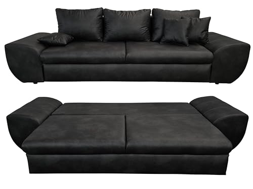 Vintage Big Sofa mit Schlaffunktion und Bettkasten, XXL Trend Couch 275 cm breit, Wellenunterfederung, Liegefläche 148x194 cm, Mikrofaserstoff in Leder-Optik in Schwarz / 18010