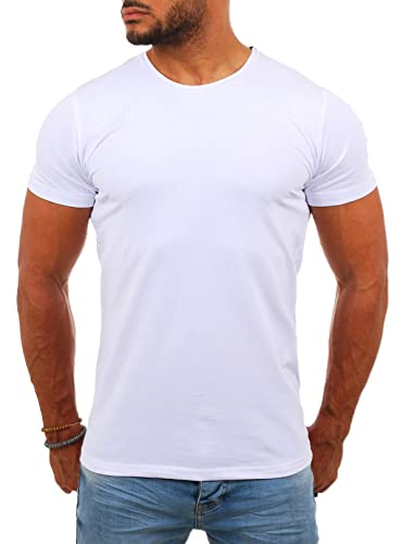 Young & Rich Herren Uni Basic T-Shirt mit Rundhals Ausschnitt einfarbig Round Neck Tee Stretch körperbetonte Dehnbare Passform, Grösse:L, Farbe:Weiß