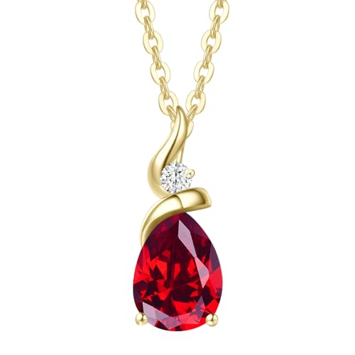 FANCIME Solide 14 Karat 585 Gelb Gold Anhänger Kette Halskette mit Tropfen Rubin und echt Diamant Geschenk Schmuck für Damen Mädchen Sie
