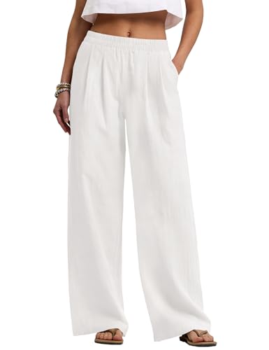 Rapbin Damen Sommerhose Weiß Leinen Weites Bein Taschen Strand Alltag S