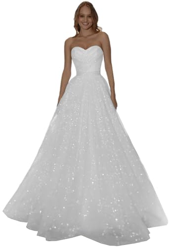 Frauen Sparkle Tüll Brautkleider für Braut Flowy A-Linie Hochzeitskleid mit Schleife Trägerlos Strand Brautkleid Weiß 03,DE46