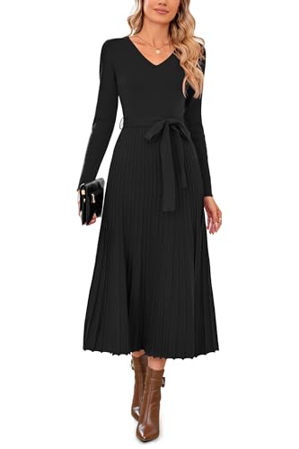 Arach&Cloz Strickkleid Damen Herbst Winterkleid Lang Plissee V-Ausschnitt Langarm Pulloverkleid Elegant Midi Kleider Winter