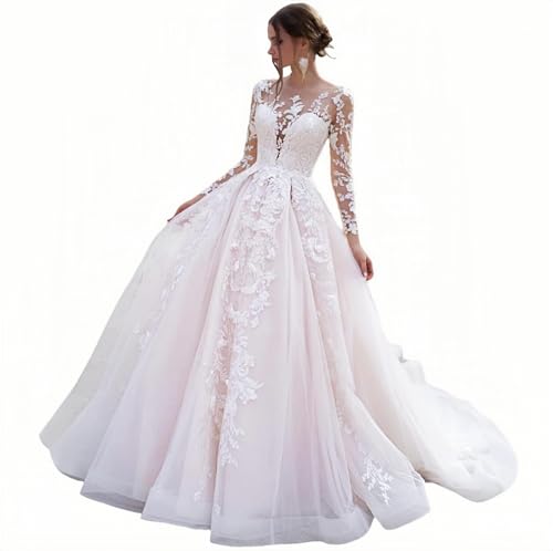 HUINI Brautkleider Lang Spitzen A-Linie Hochzeitskleid Boho Standesamt Brautmode Kleid A-Elfenbein 46