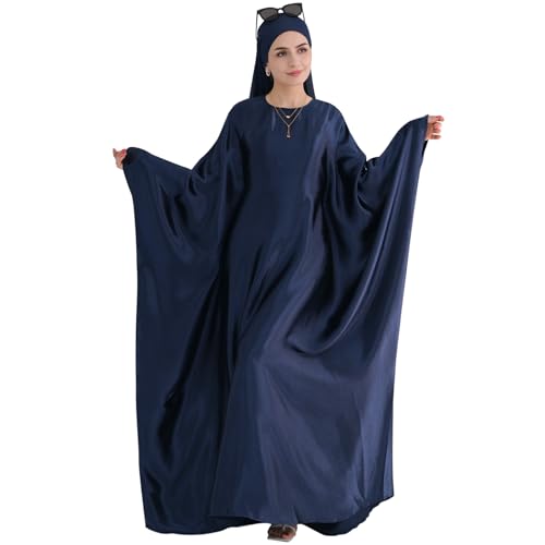 khalat Abaya Muslim Kleid Frauen Satin Gebet Kleid Fledermaus Langarm Naher Osten Arabische Robe mit Hijab Marineblau