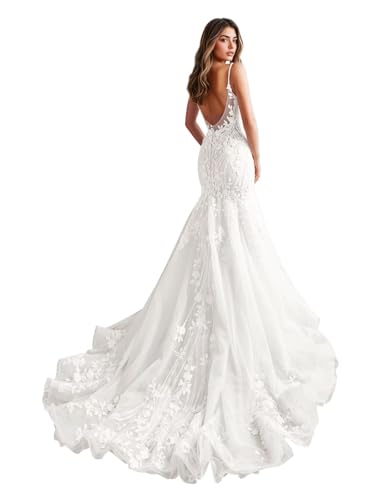 IUYRESX hochzeitskleid Boho,Spaghettiträger Brautkleid Meerjungfrau V-Ausschnitt BohoSpitze Tüll Schleppe Hochzeitskleider Für Damen Elfenbein 38