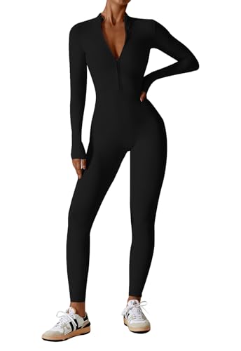 Ecupper Jumpsuits Damen Yoga Bodycon Einteiler Zip Up Overall Rompers Langärmelig Workout Outfit Schwarz XS