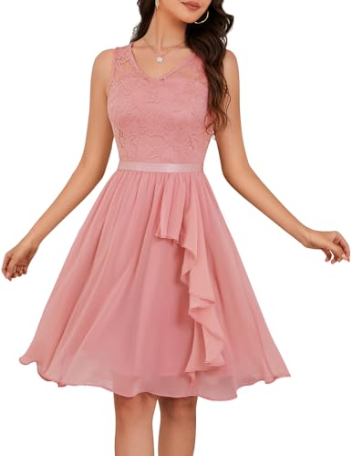 Meetjen Brautjungfer Kleid Damen Kurz Cocktailkleid Elegant A-Linie Spitzenkleid Ärmellos Abendkleid Chiffon Blush XL